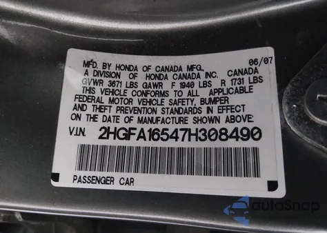 2007 Honda Civic Lx from USA, damaged, VIN 2HGFA16547H308490
